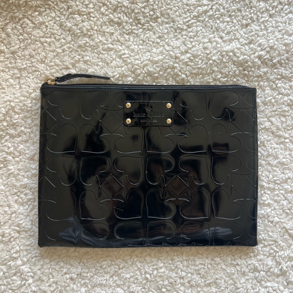 kate spade Handbags - Kate Spade Black Patent Embossed Zip Clutch | Glossy Logo Pouch - 10in x 7.5in